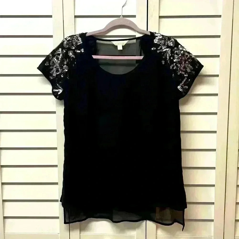 Decree Sequin Short Sleeve Sheer Back Top Women’s Size Medium Black